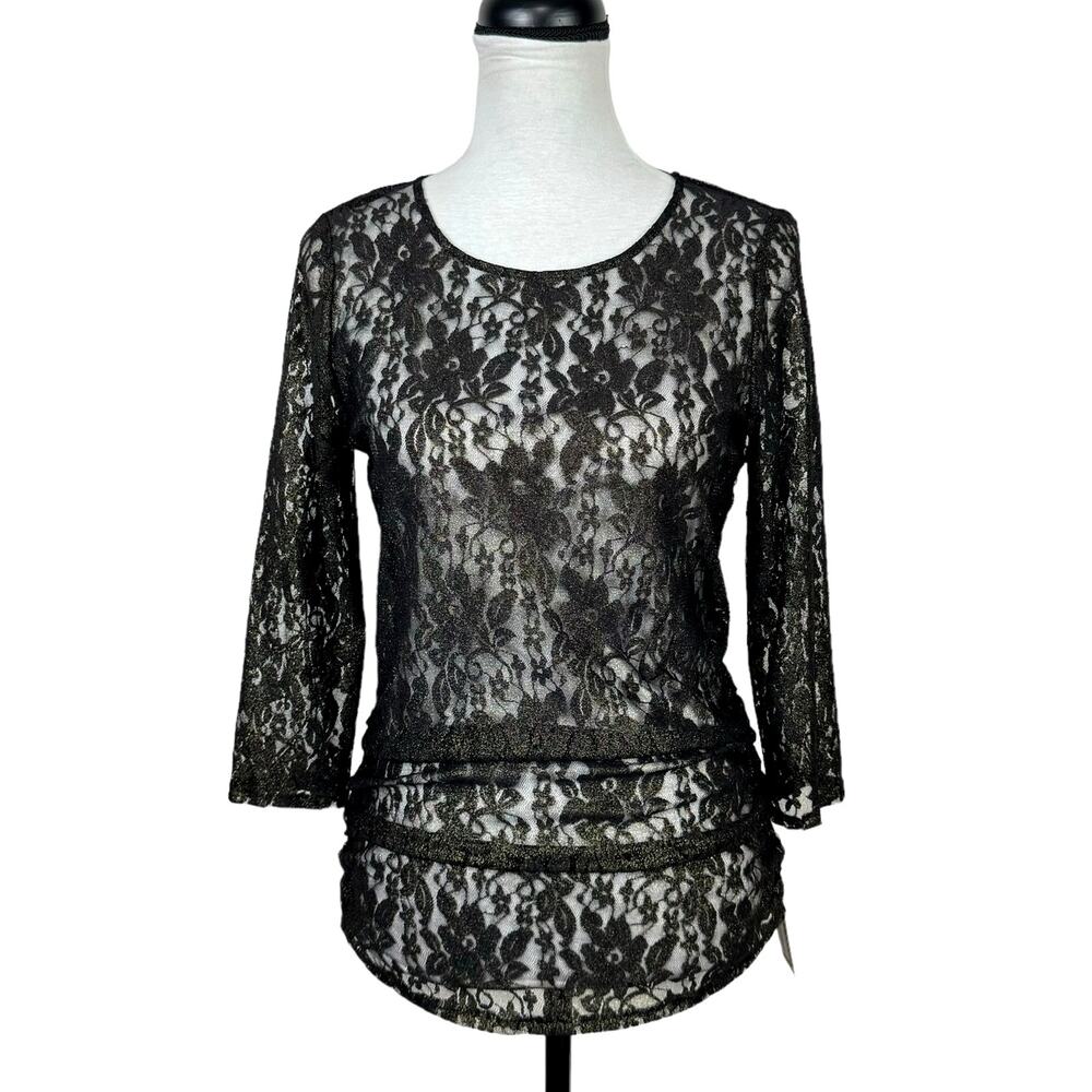 Cremieux NWT Melly Blouse Black Lace Gold Metallic Sheer Ruched Side Long Top